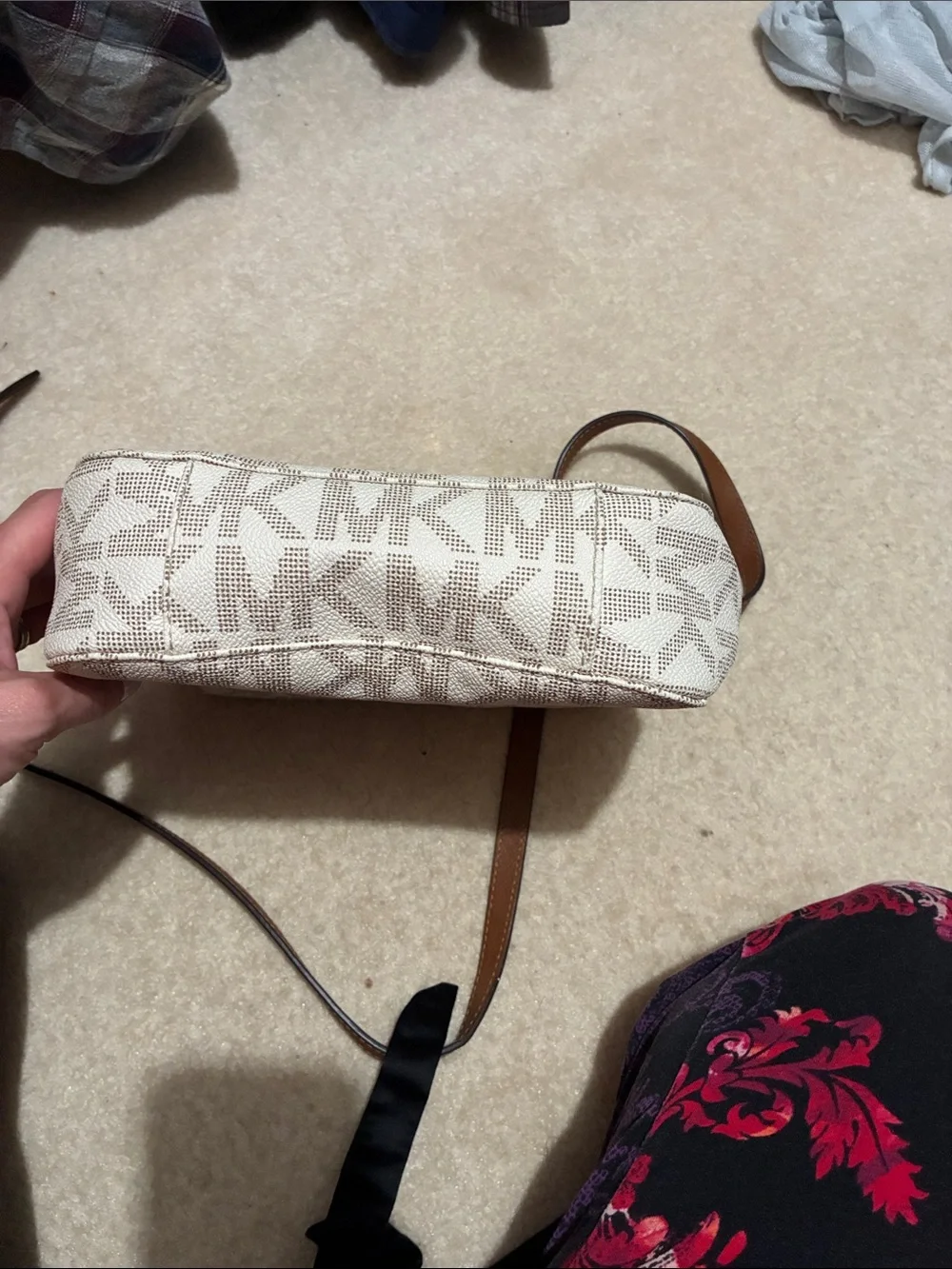 Michael Kors White & Brown Logo Crossbody with Gold-Tone Lock